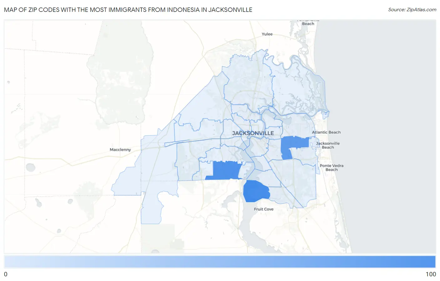 Zip Codes with the Most Immigrants from Indonesia in Jacksonville Map
