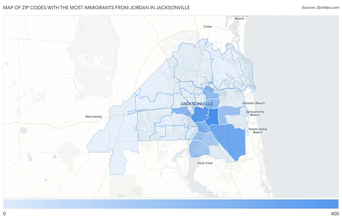 Zip Codes with the Most Immigrants from Jordan in Jacksonville Map