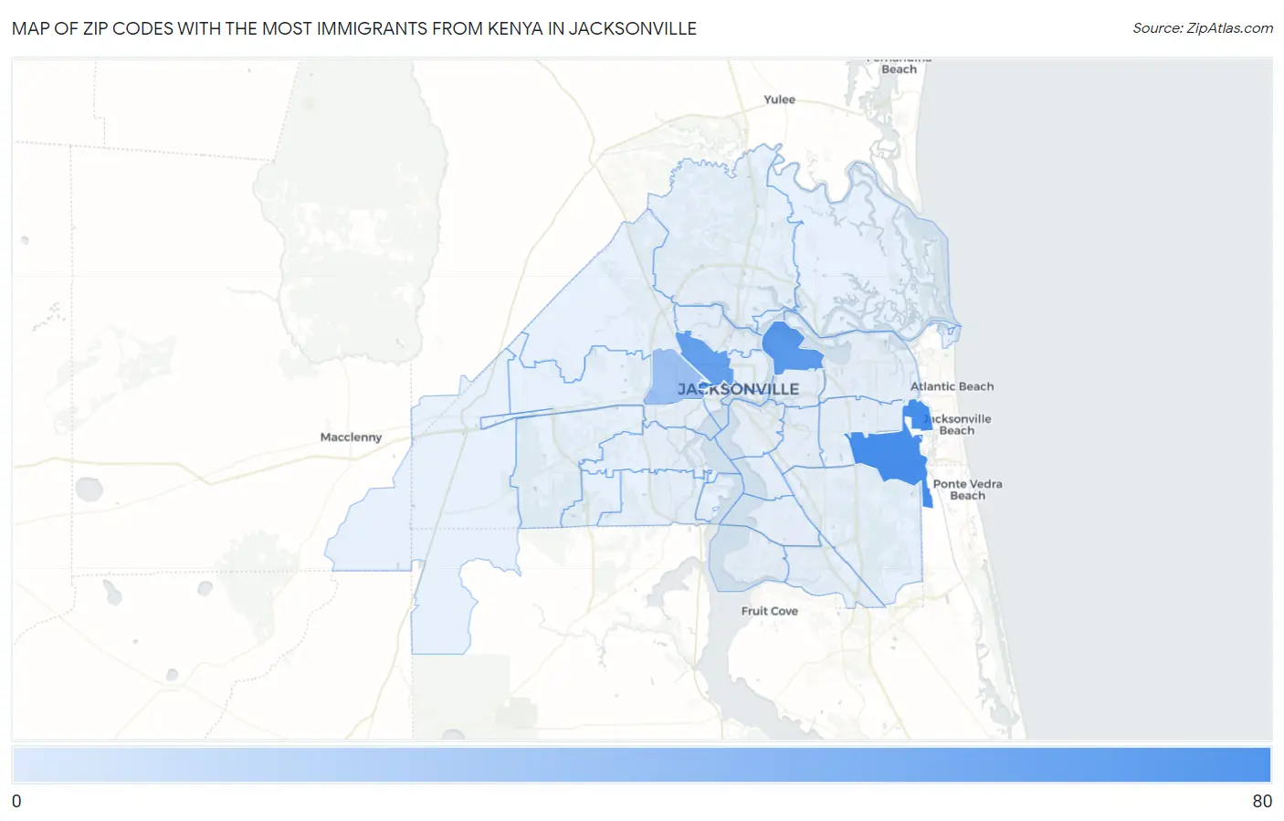 Zip Codes with the Most Immigrants from Kenya in Jacksonville Map