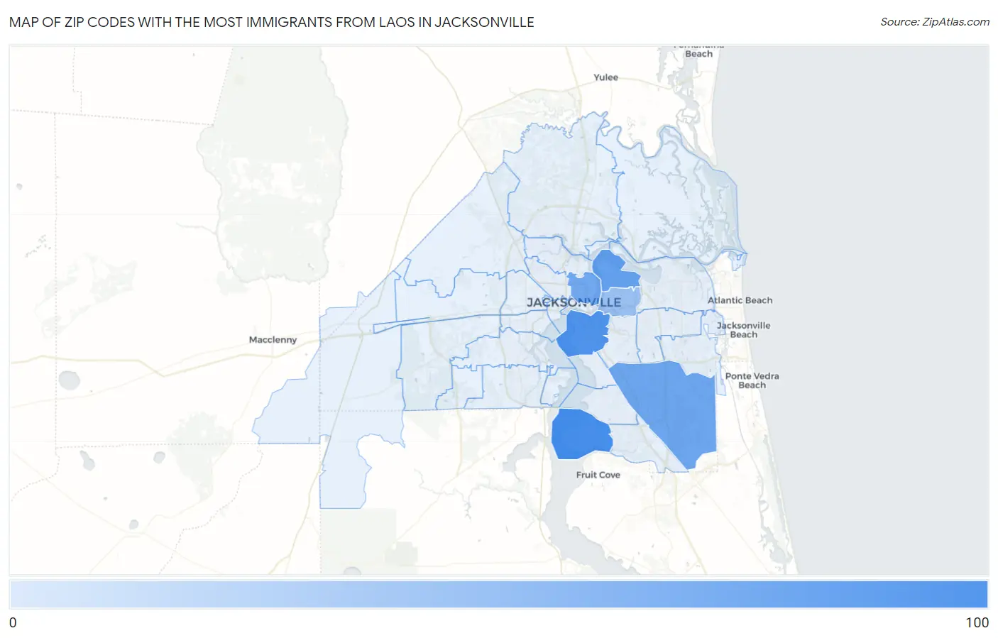 Zip Codes with the Most Immigrants from Laos in Jacksonville Map