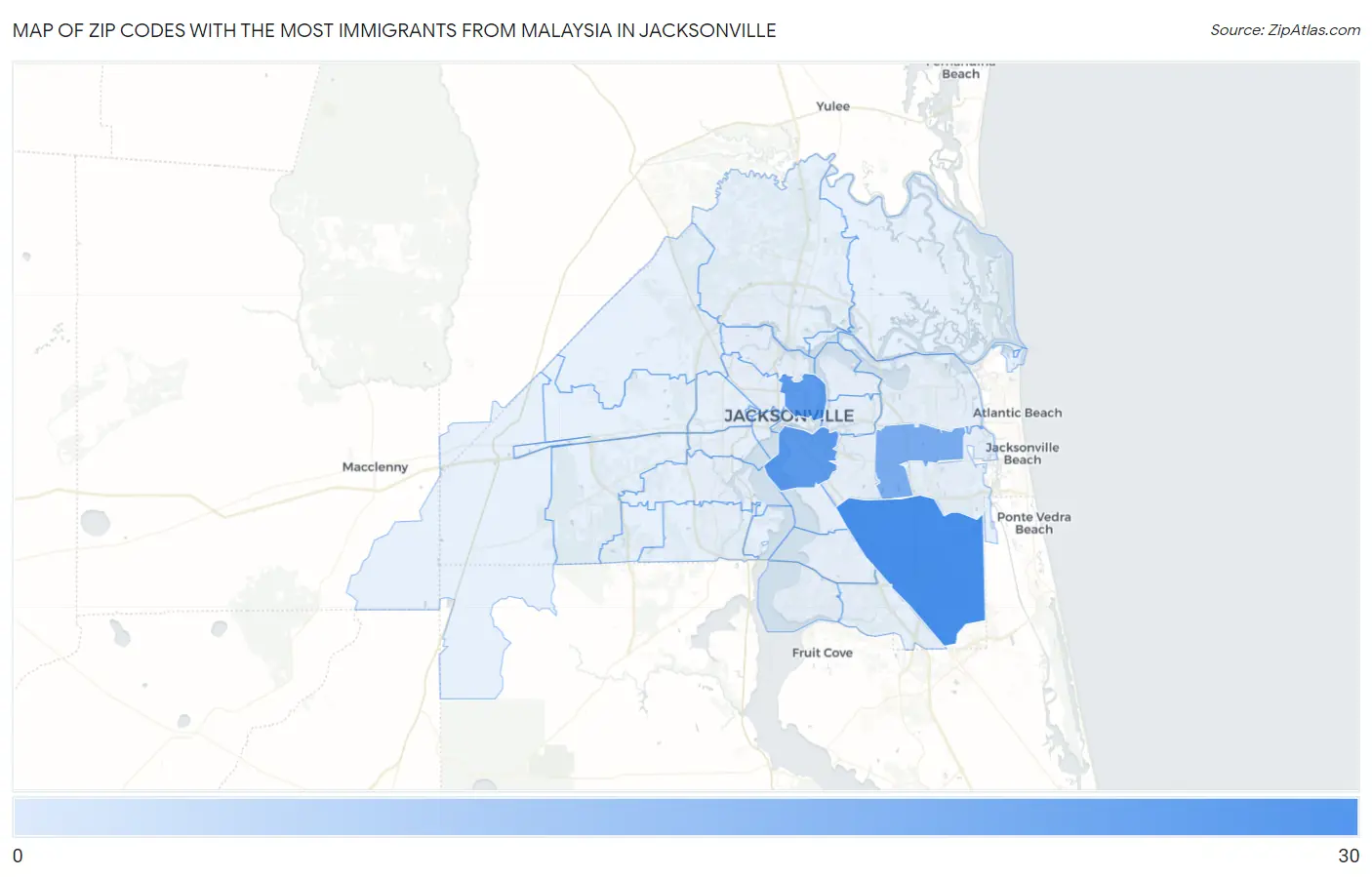 Zip Codes with the Most Immigrants from Malaysia in Jacksonville Map