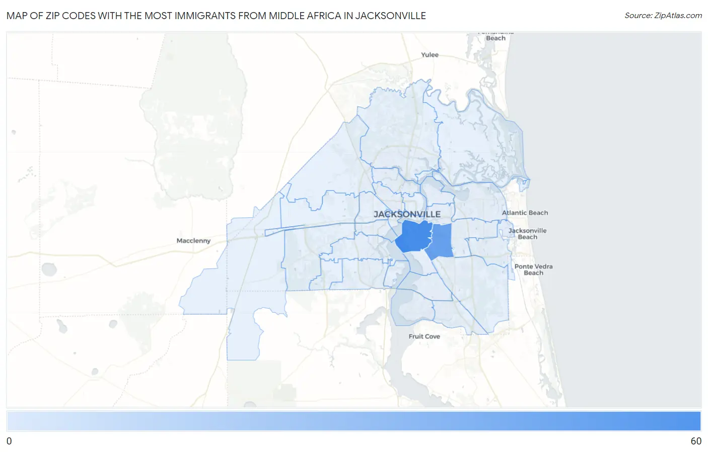 Zip Codes with the Most Immigrants from Middle Africa in Jacksonville Map
