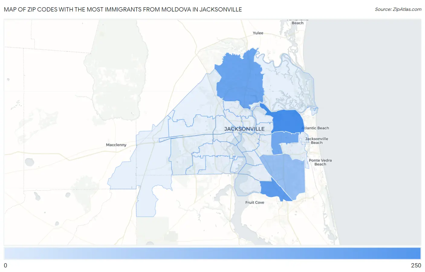Zip Codes with the Most Immigrants from Moldova in Jacksonville Map
