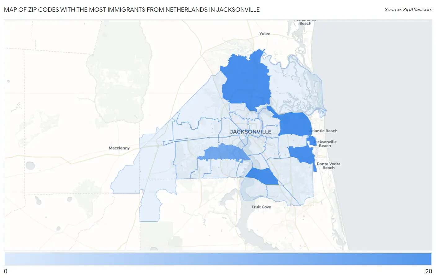 Zip Codes with the Most Immigrants from Netherlands in Jacksonville Map