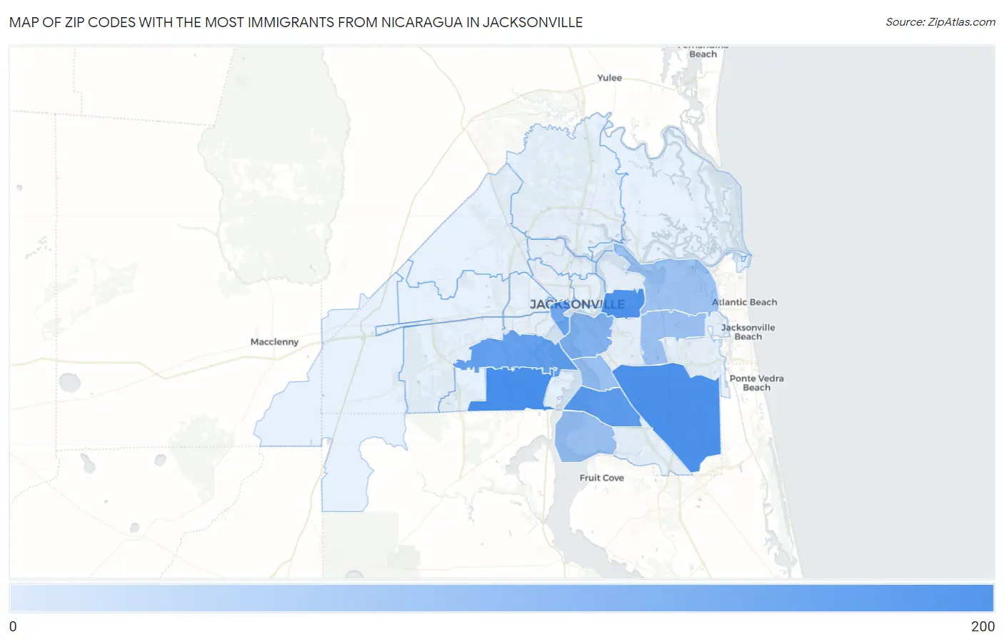 Zip Codes with the Most Immigrants from Nicaragua in Jacksonville Map