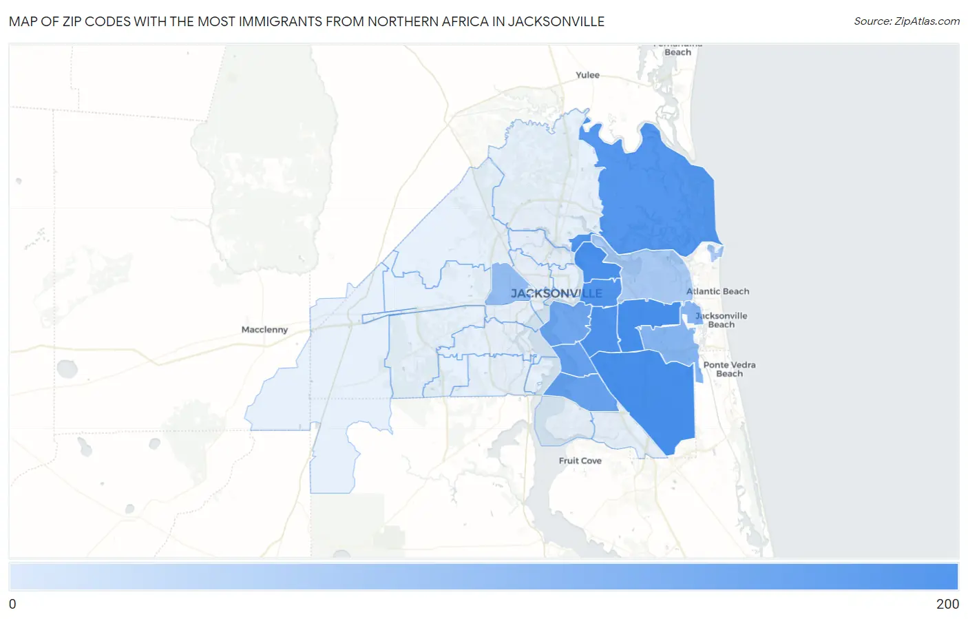 Zip Codes with the Most Immigrants from Northern Africa in Jacksonville Map
