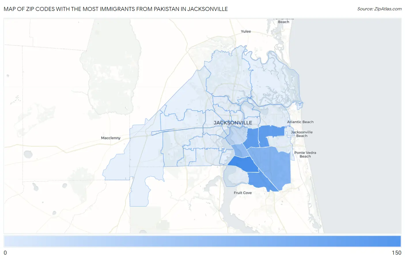 Zip Codes with the Most Immigrants from Pakistan in Jacksonville Map