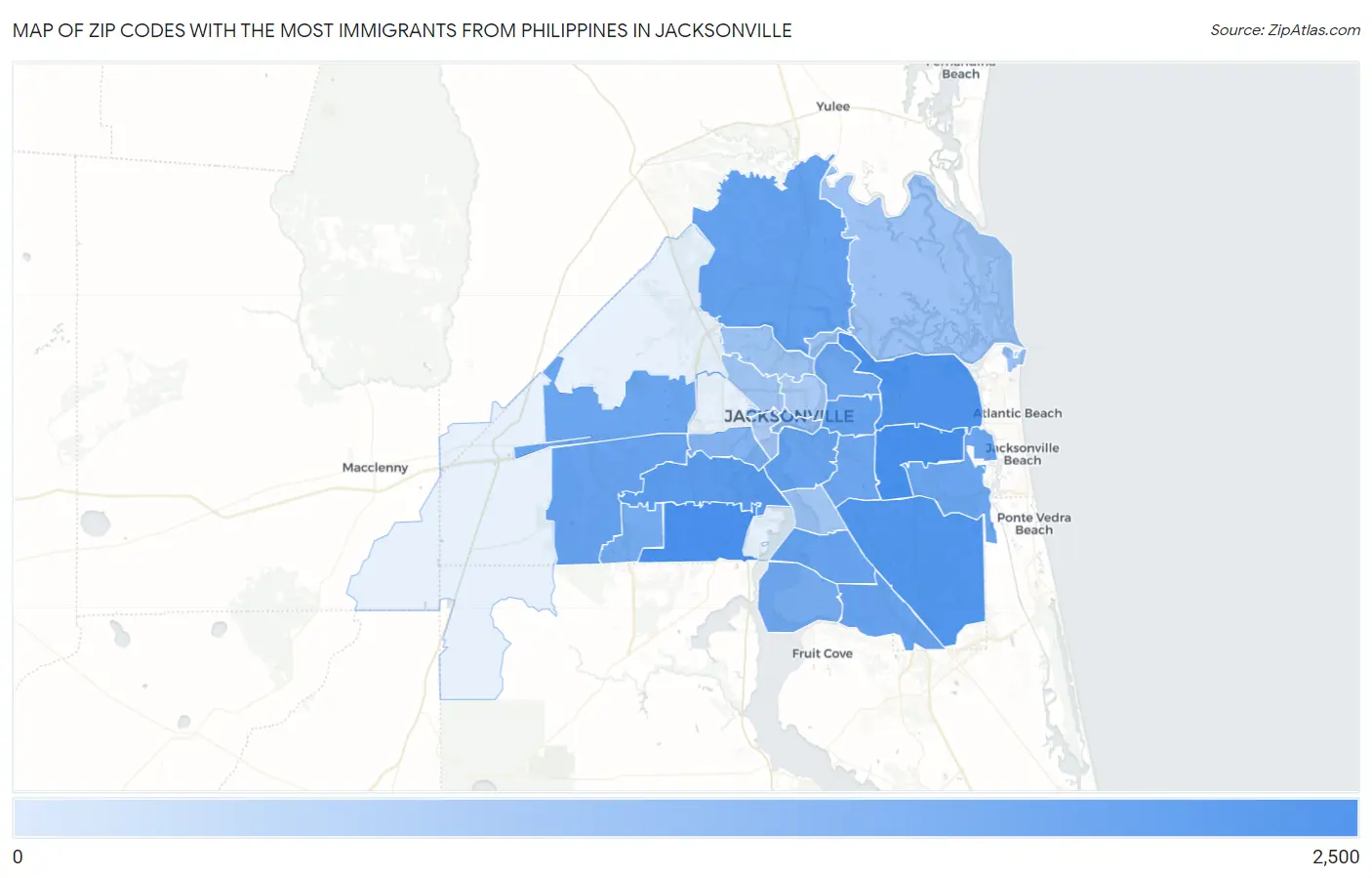 Zip Codes with the Most Immigrants from Philippines in Jacksonville Map