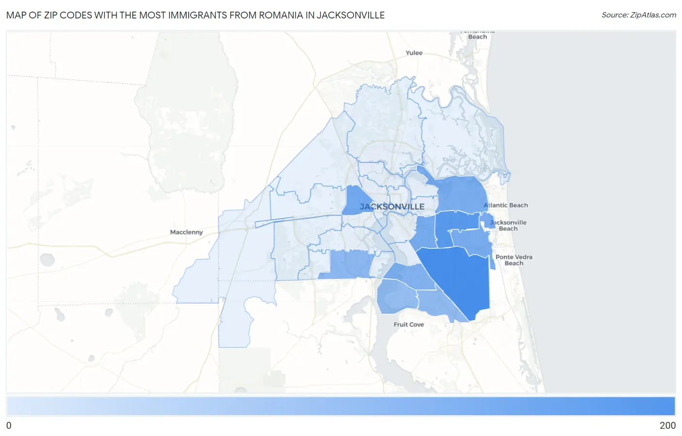 Zip Codes with the Most Immigrants from Romania in Jacksonville Map