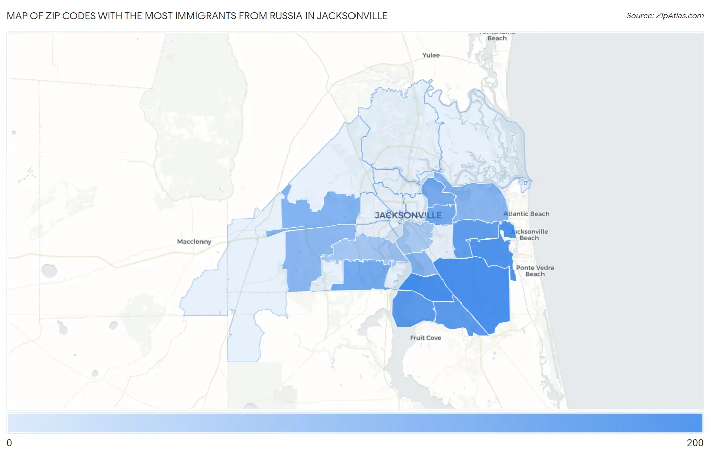 Zip Codes with the Most Immigrants from Russia in Jacksonville Map