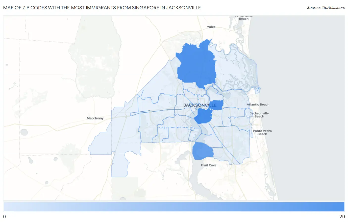 Zip Codes with the Most Immigrants from Singapore in Jacksonville Map