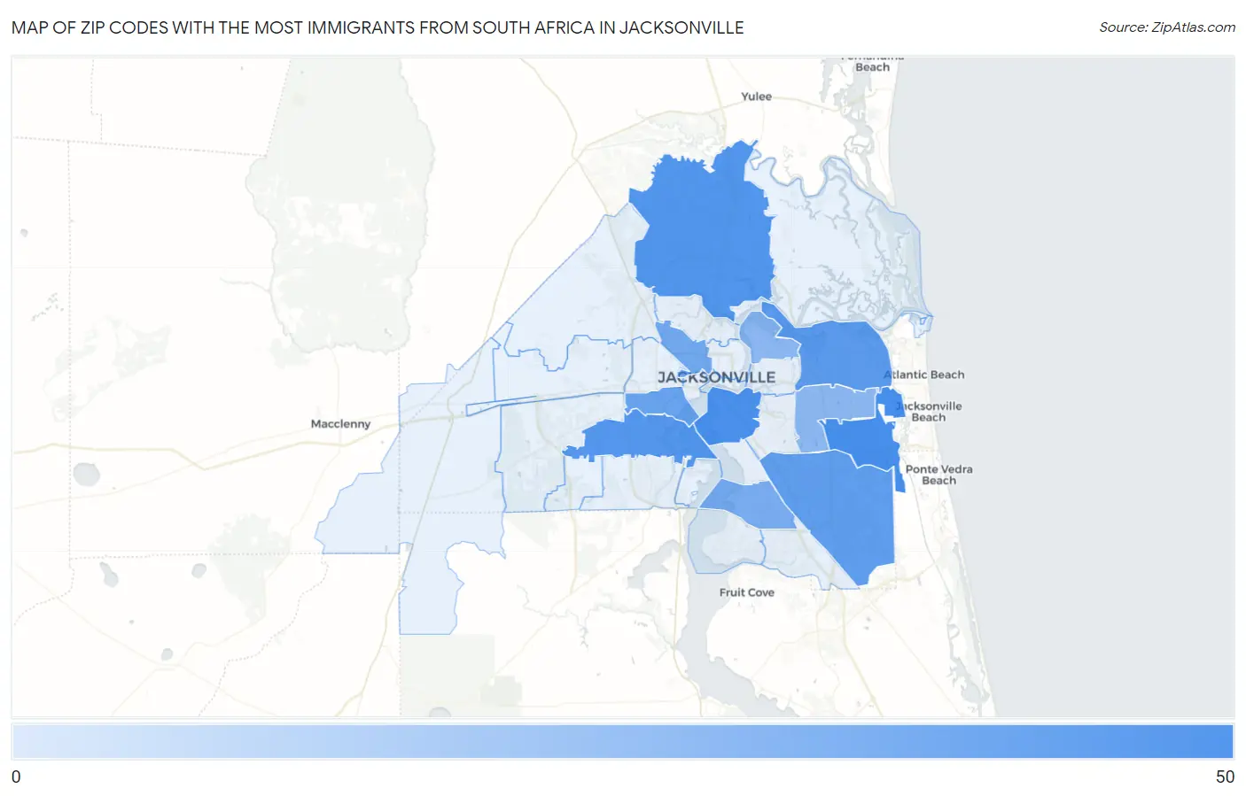 Zip Codes with the Most Immigrants from South Africa in Jacksonville Map