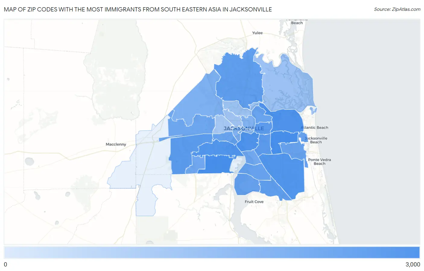 Zip Codes with the Most Immigrants from South Eastern Asia in Jacksonville Map