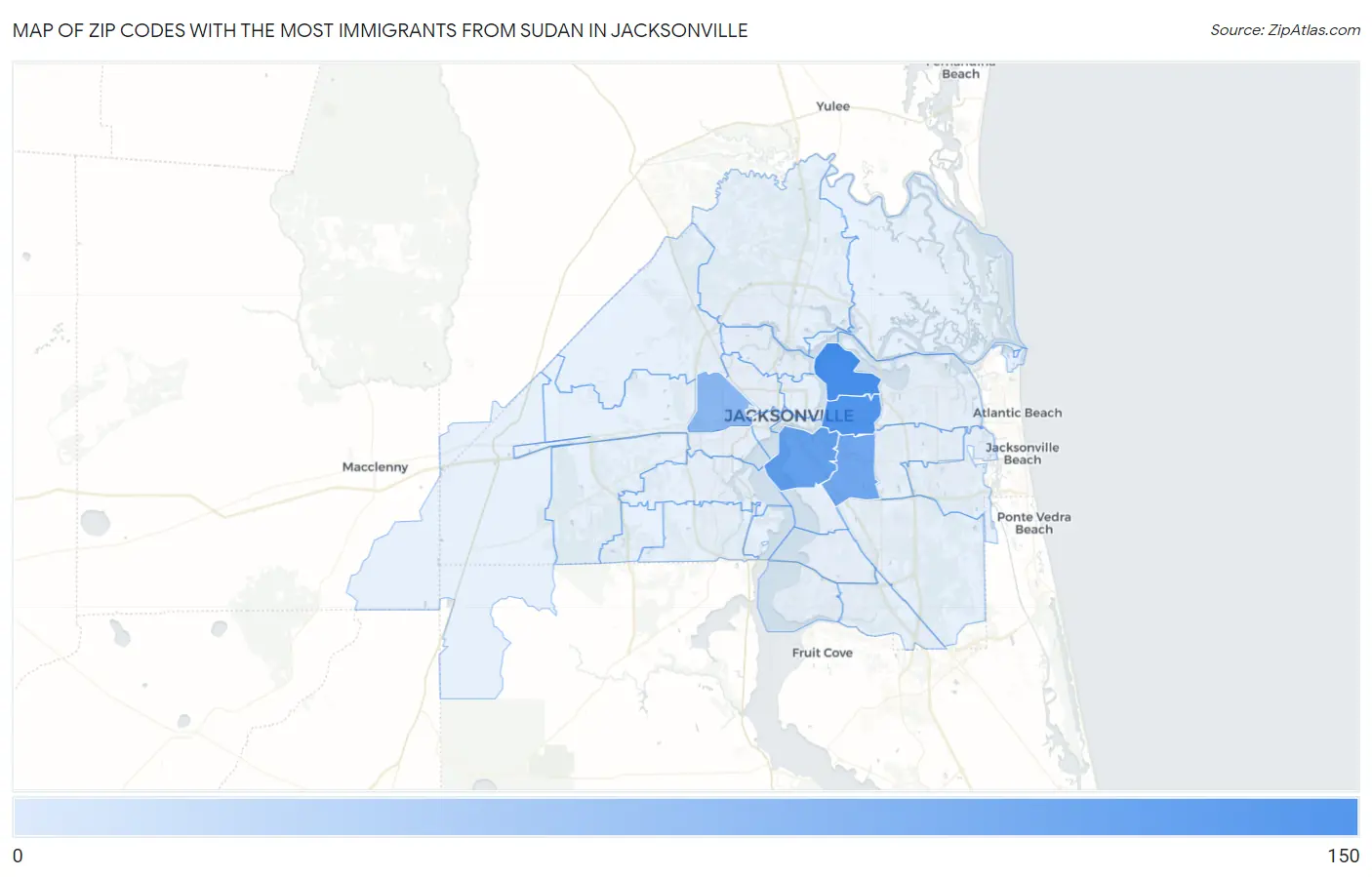 Zip Codes with the Most Immigrants from Sudan in Jacksonville Map