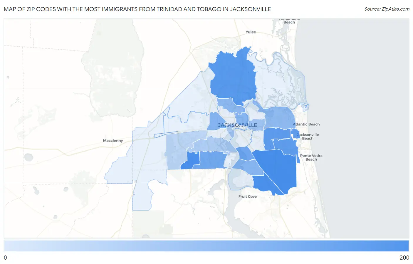 Zip Codes with the Most Immigrants from Trinidad and Tobago in Jacksonville Map