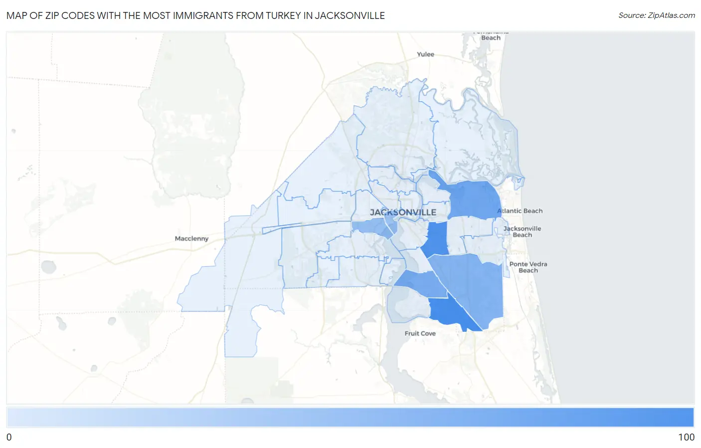 Zip Codes with the Most Immigrants from Turkey in Jacksonville Map