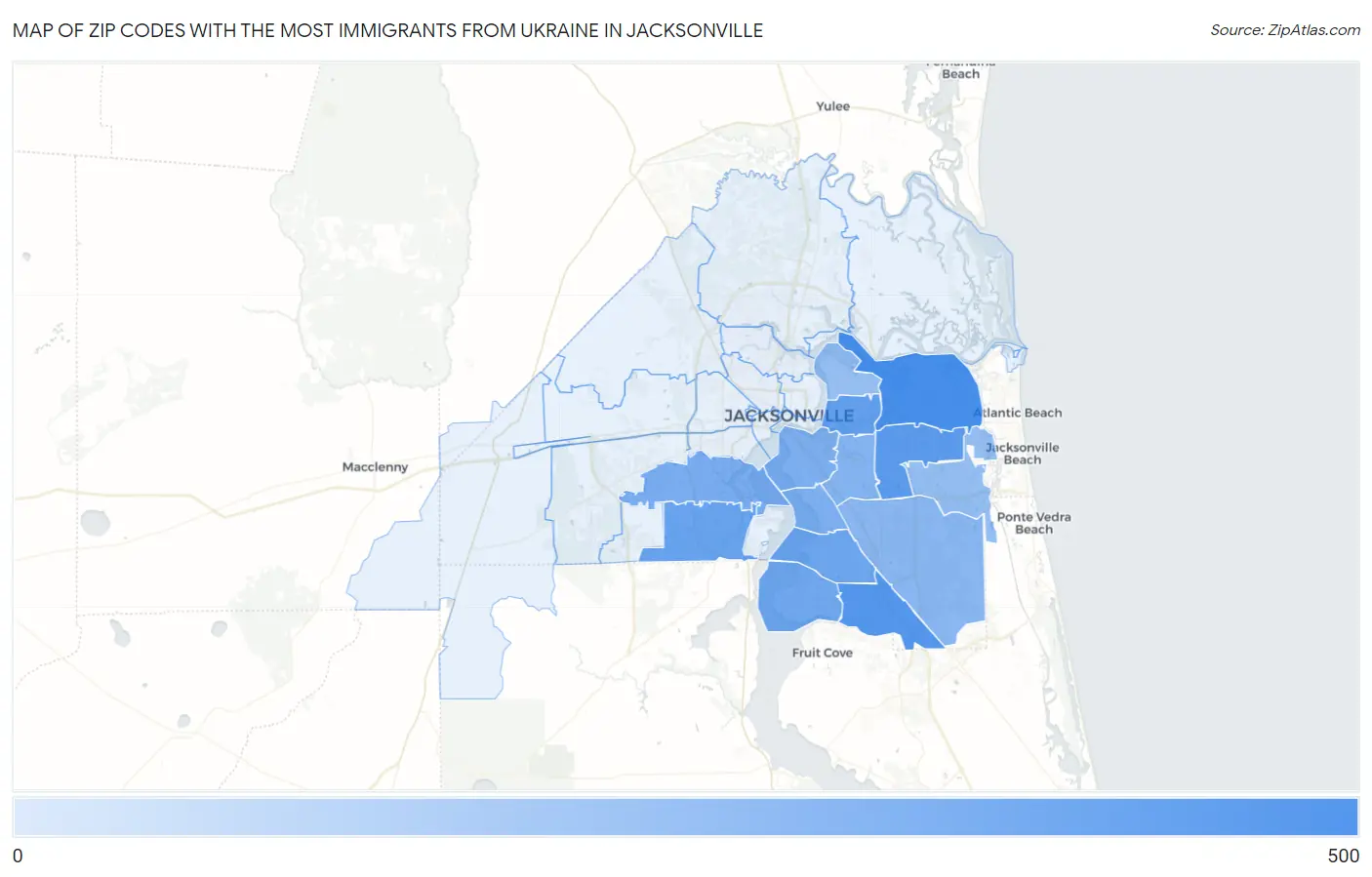 Zip Codes with the Most Immigrants from Ukraine in Jacksonville Map