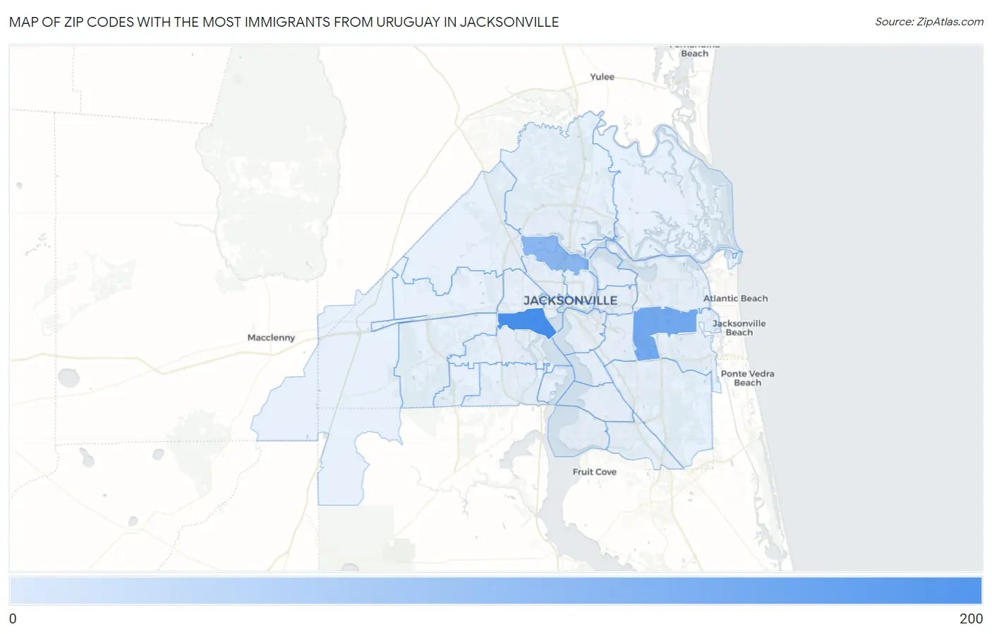 Zip Codes with the Most Immigrants from Uruguay in Jacksonville Map