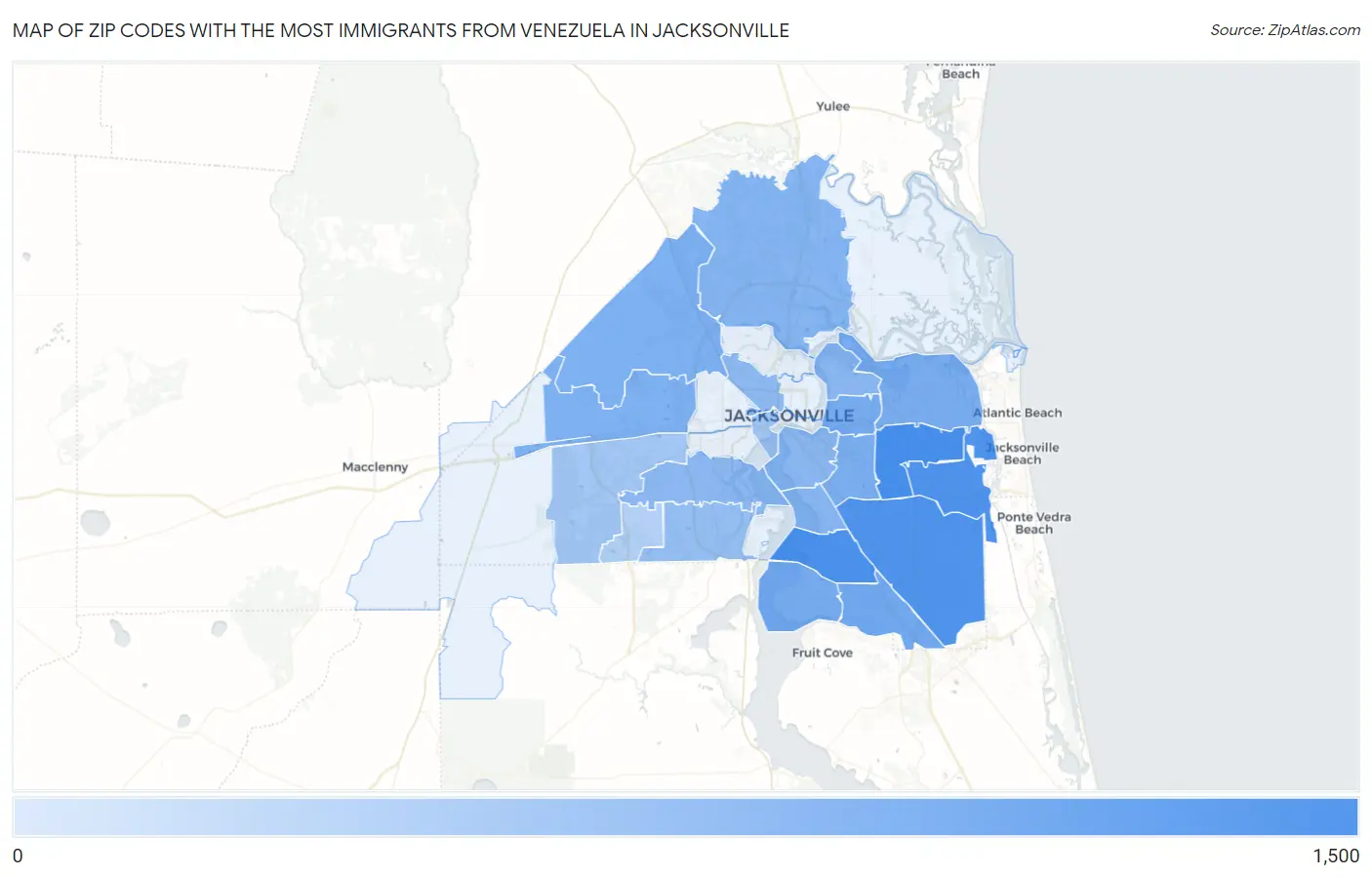 Zip Codes with the Most Immigrants from Venezuela in Jacksonville Map