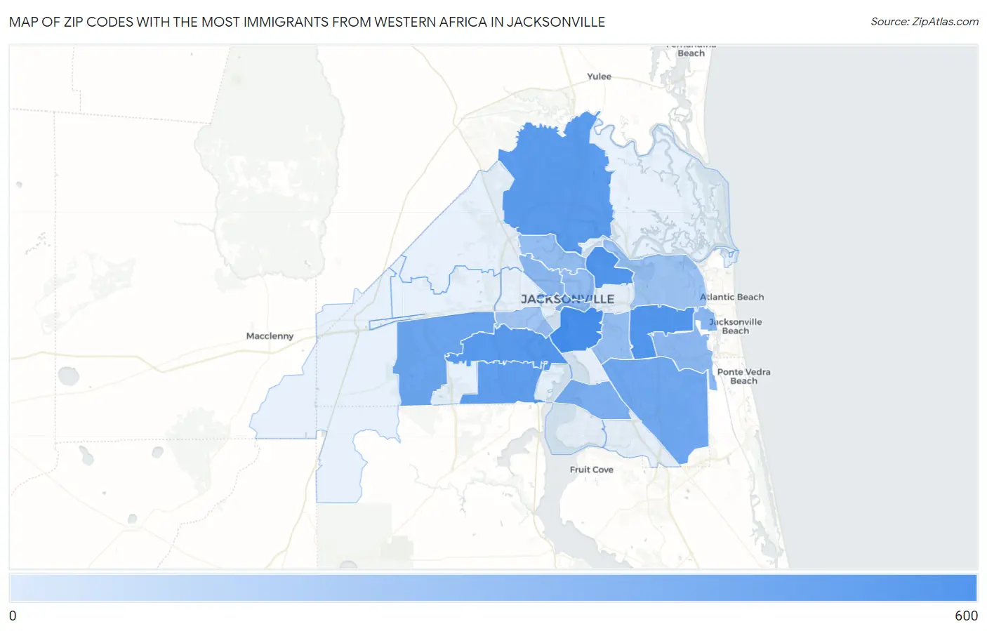 Zip Codes with the Most Immigrants from Western Africa in Jacksonville Map