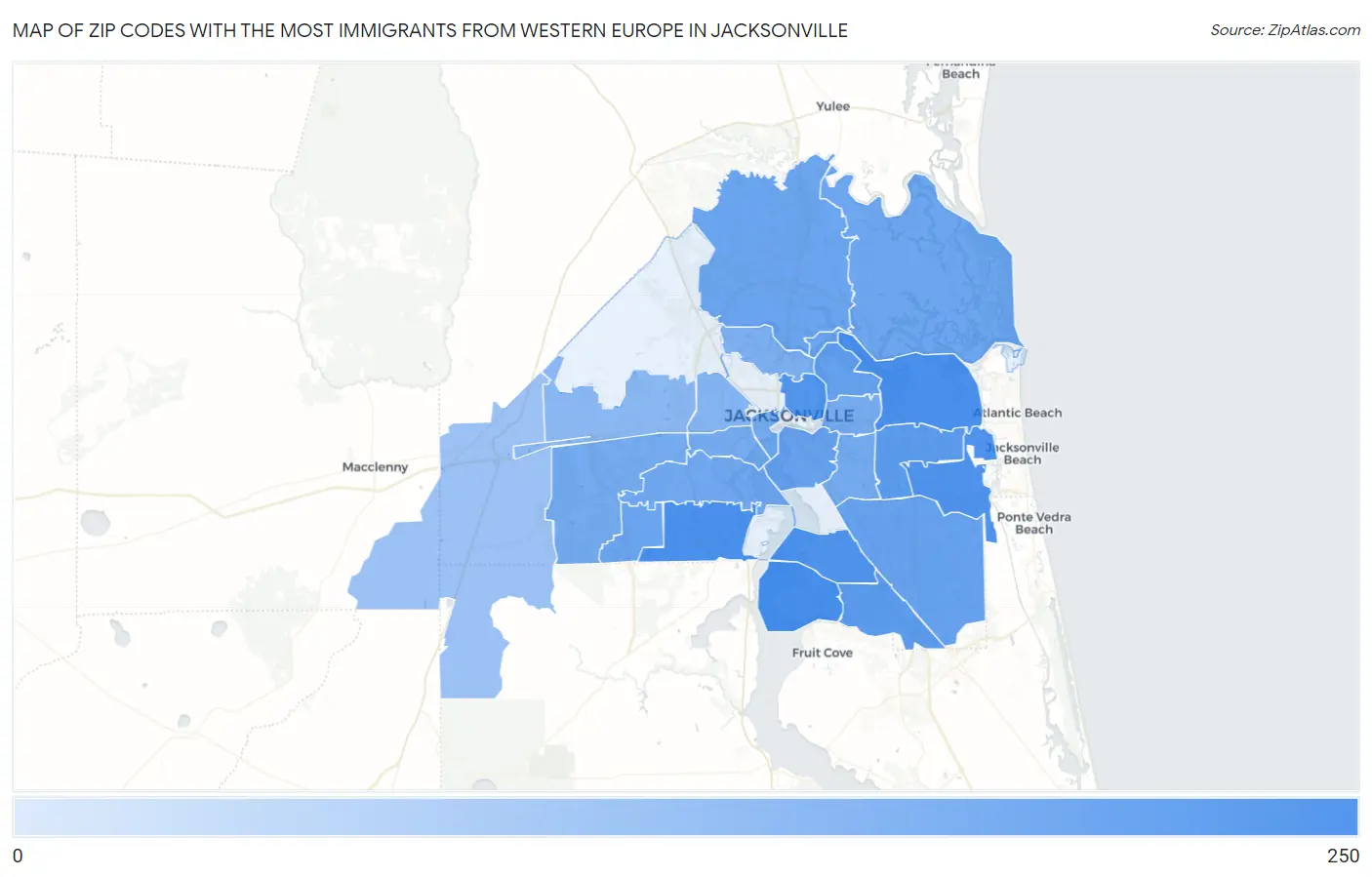Zip Codes with the Most Immigrants from Western Europe in Jacksonville Map