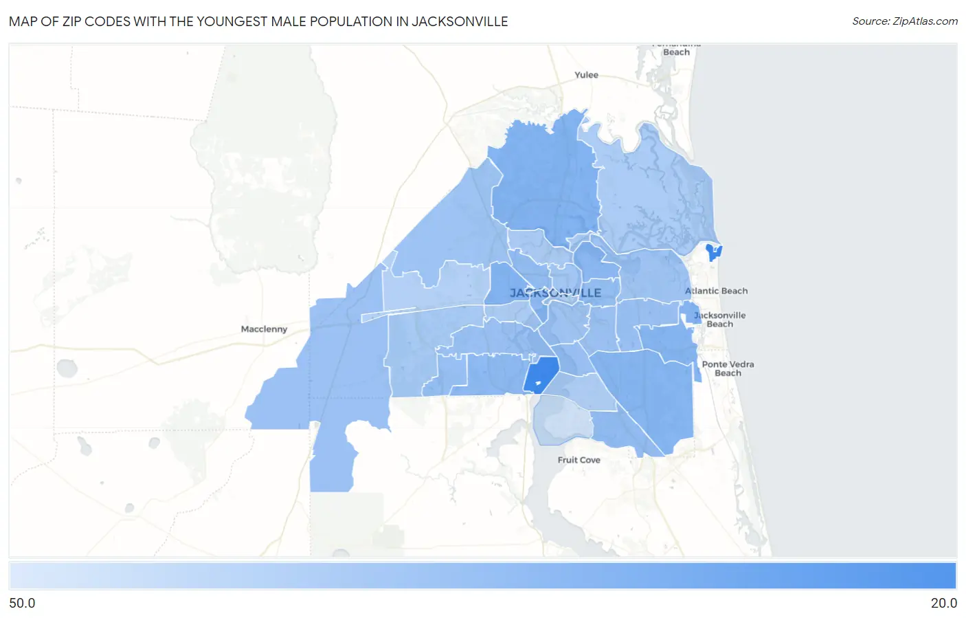 Zip Codes with the Youngest Male Population in Jacksonville Map