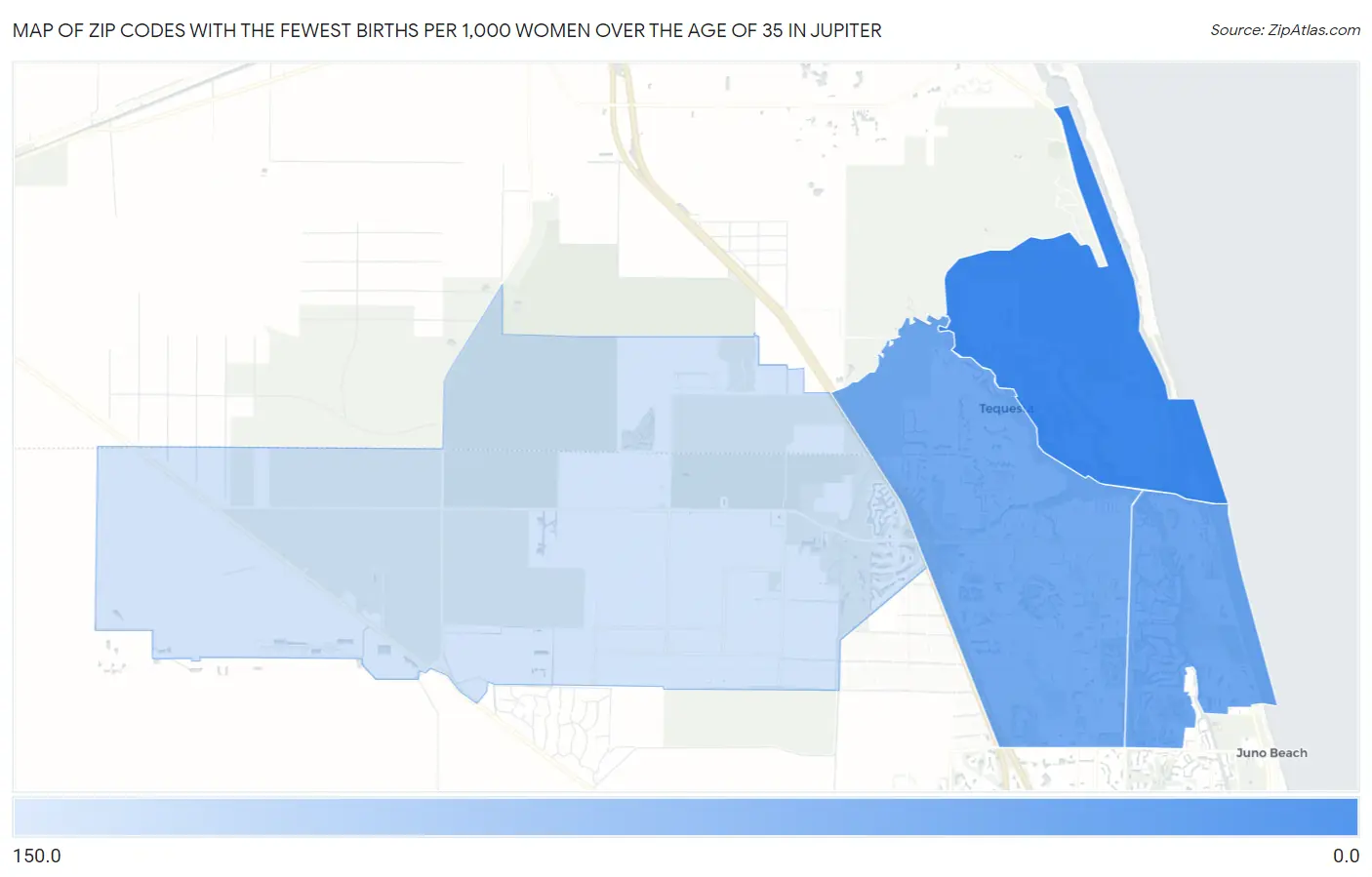 Zip Codes with the Fewest Births per 1,000 Women Over the Age of 35 in Jupiter Map