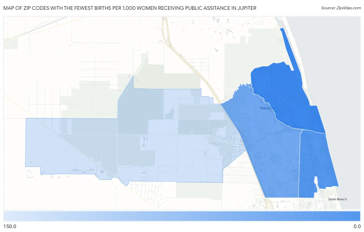 Zip Codes with the Fewest Births per 1,000 Women Receiving Public Assitance in Jupiter Map
