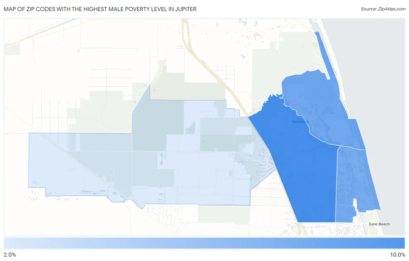 Zip Codes with the Highest Male Poverty Level in Jupiter Map