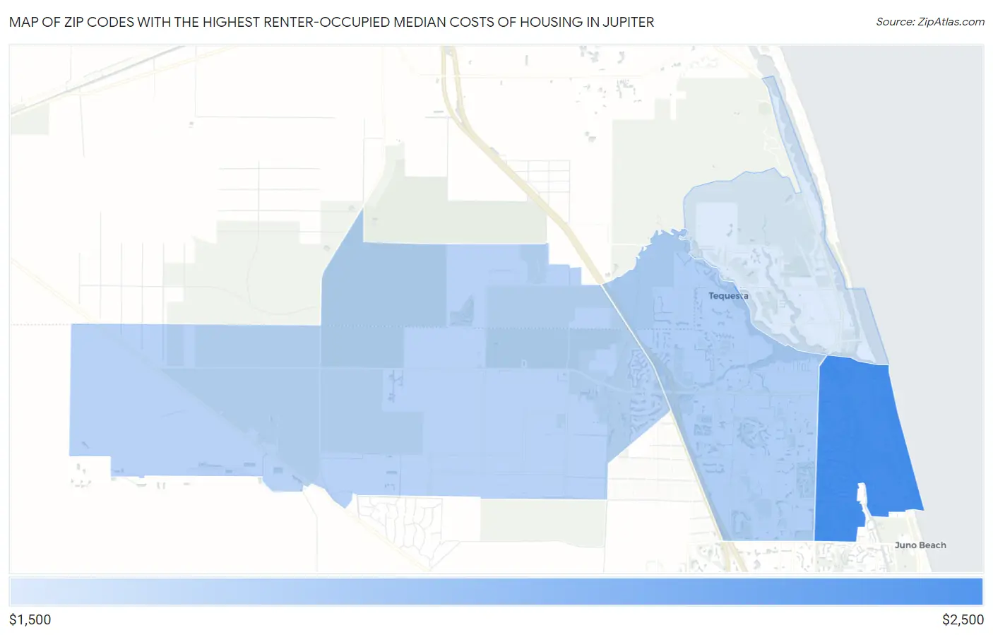 Zip Codes with the Highest Renter-Occupied Median Costs of Housing in Jupiter Map