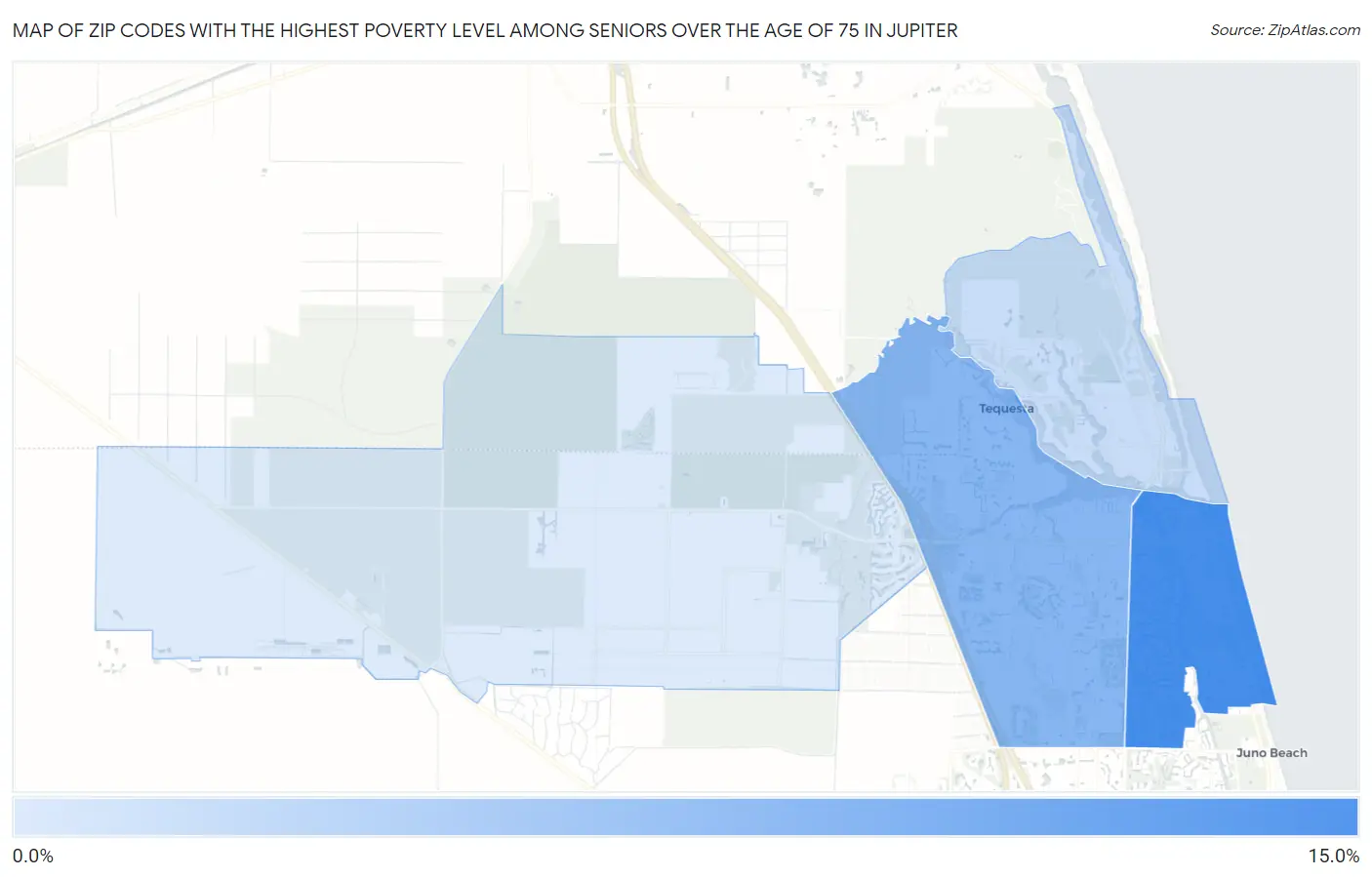 Zip Codes with the Highest Poverty Level Among Seniors Over the Age of 75 in Jupiter Map