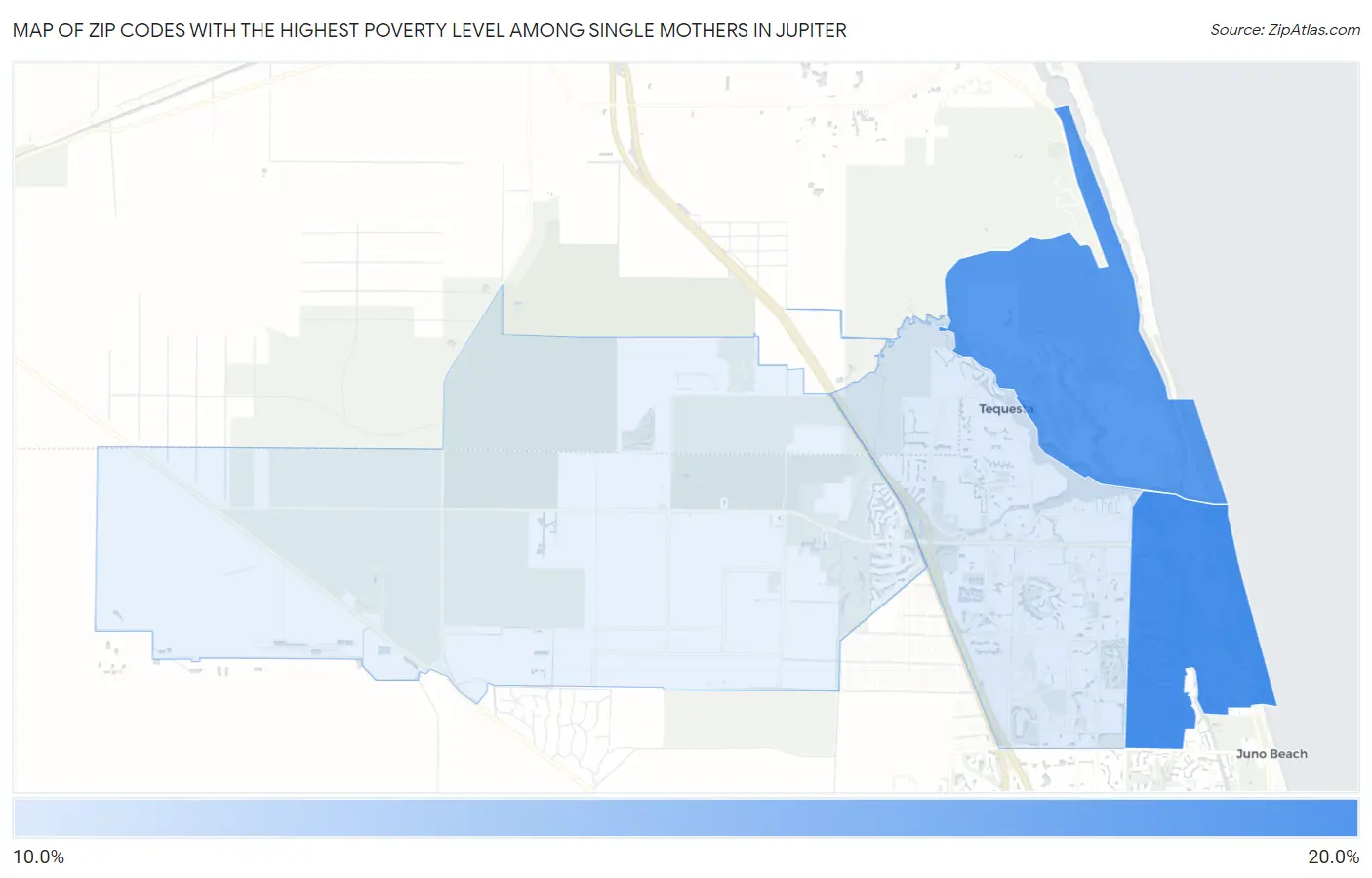 Zip Codes with the Highest Poverty Level Among Single Mothers in Jupiter Map