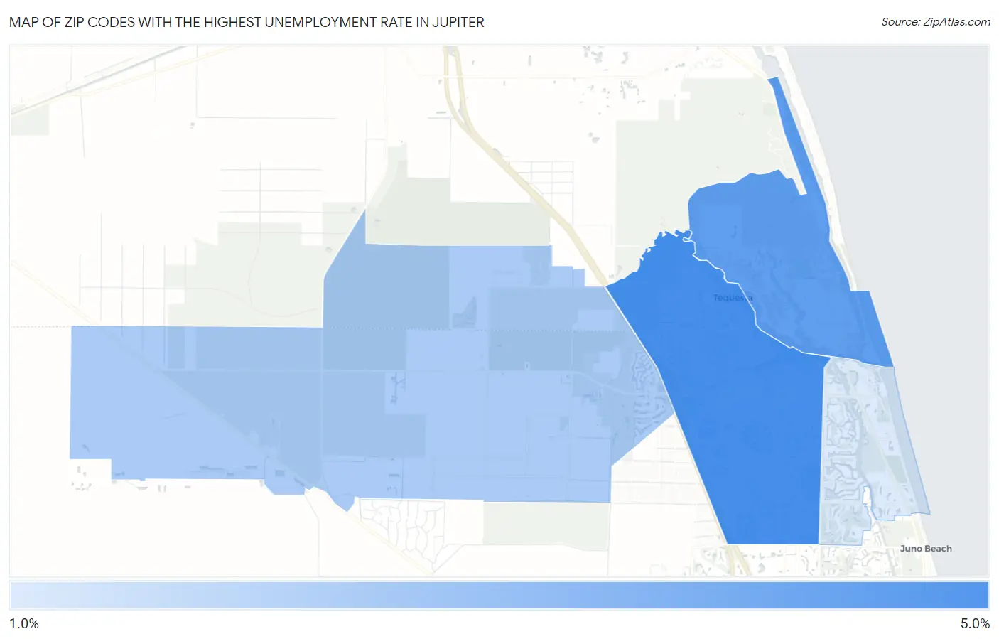 Zip Codes with the Highest Unemployment Rate in Jupiter Map