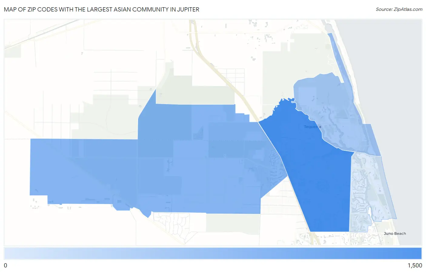 Zip Codes with the Largest Asian Community in Jupiter Map