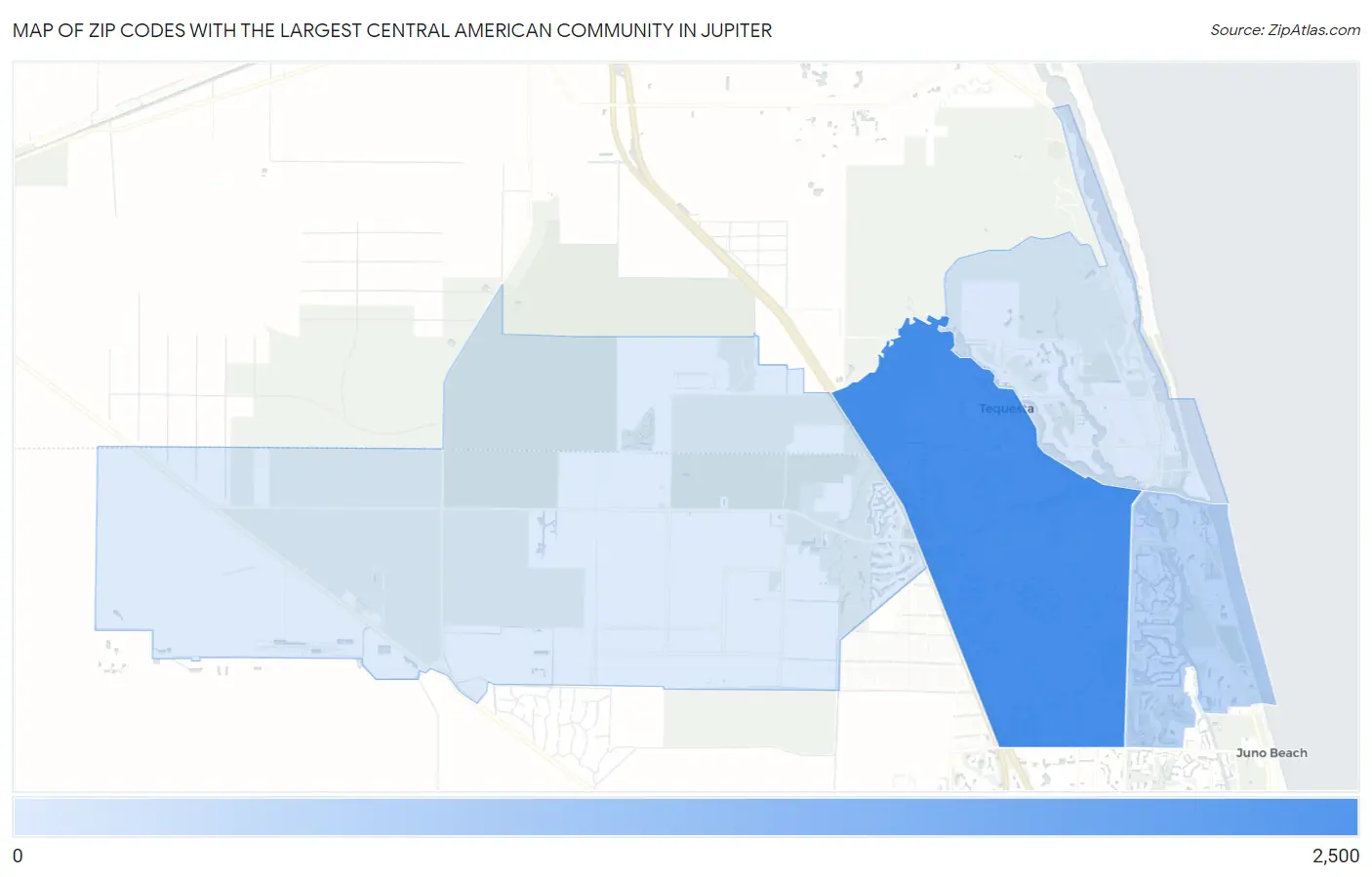 Zip Codes with the Largest Central American Community in Jupiter Map