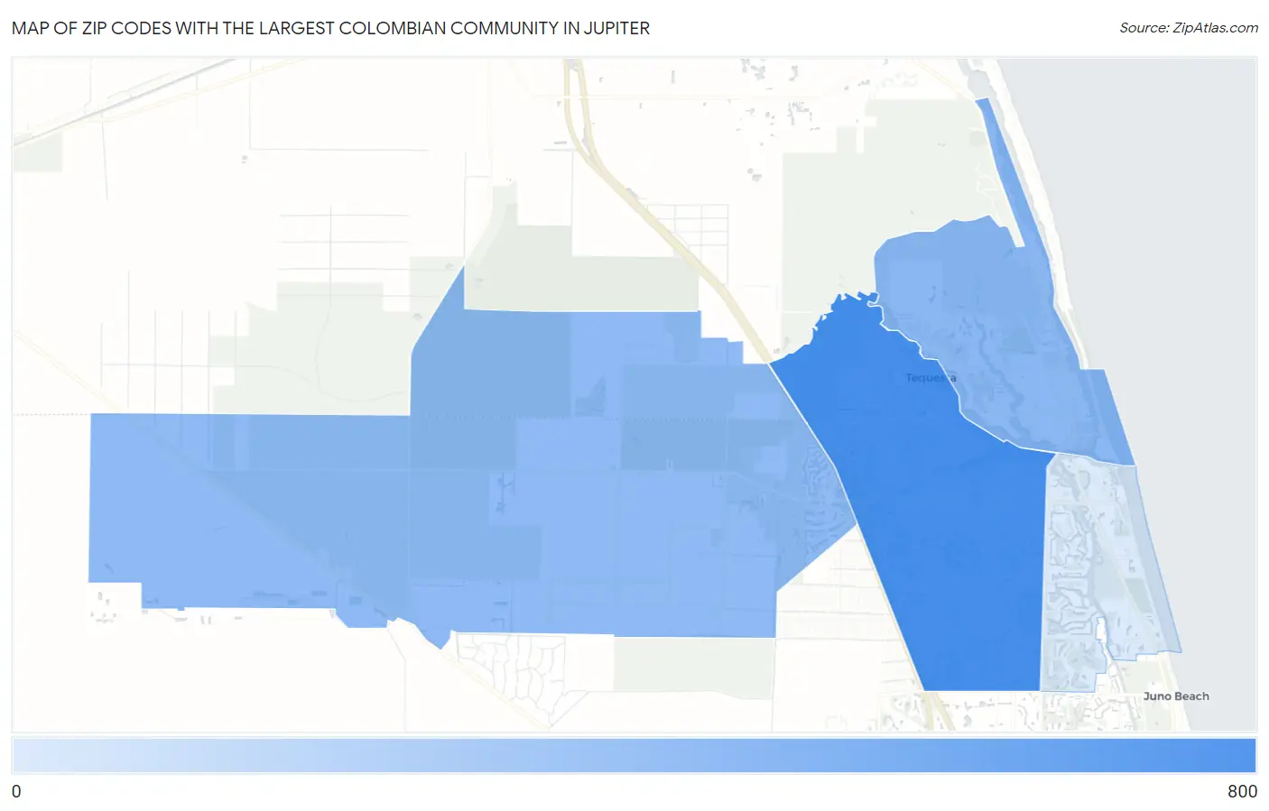 Zip Codes with the Largest Colombian Community in Jupiter Map