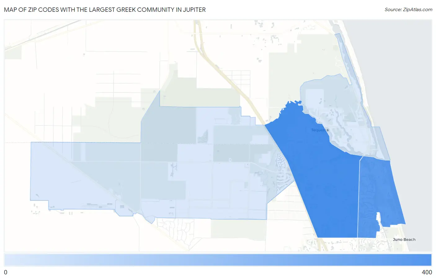 Zip Codes with the Largest Greek Community in Jupiter Map