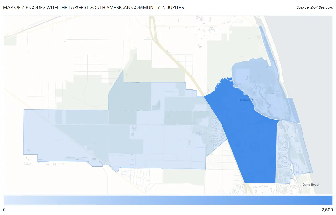 Zip Codes with the Largest South American Community in Jupiter Map