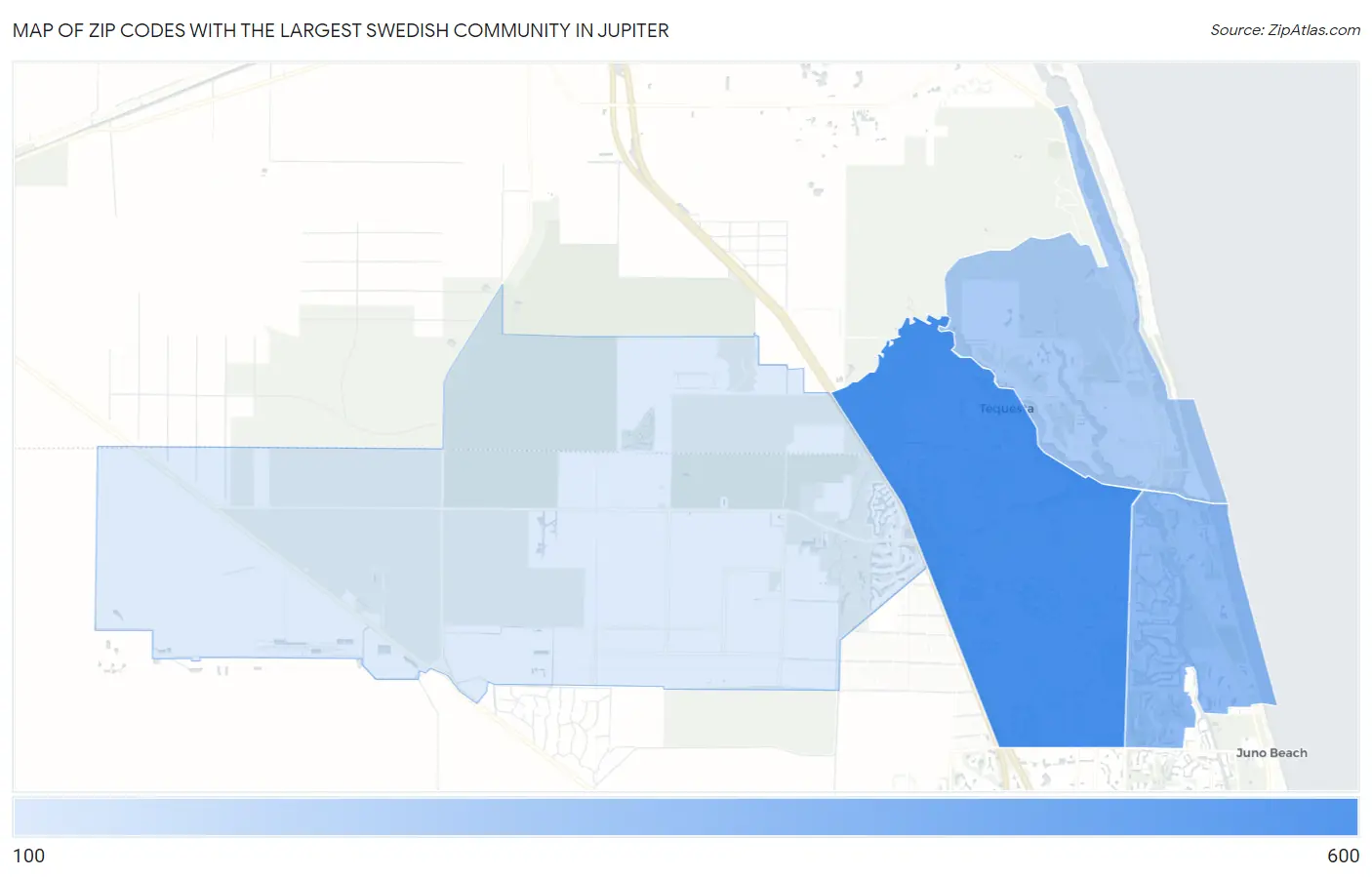 Zip Codes with the Largest Swedish Community in Jupiter Map