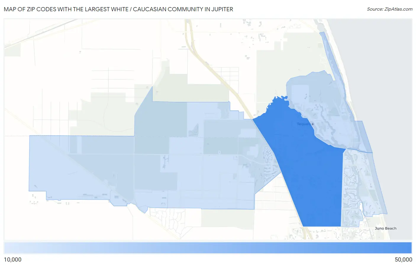 Zip Codes with the Largest White / Caucasian Community in Jupiter Map