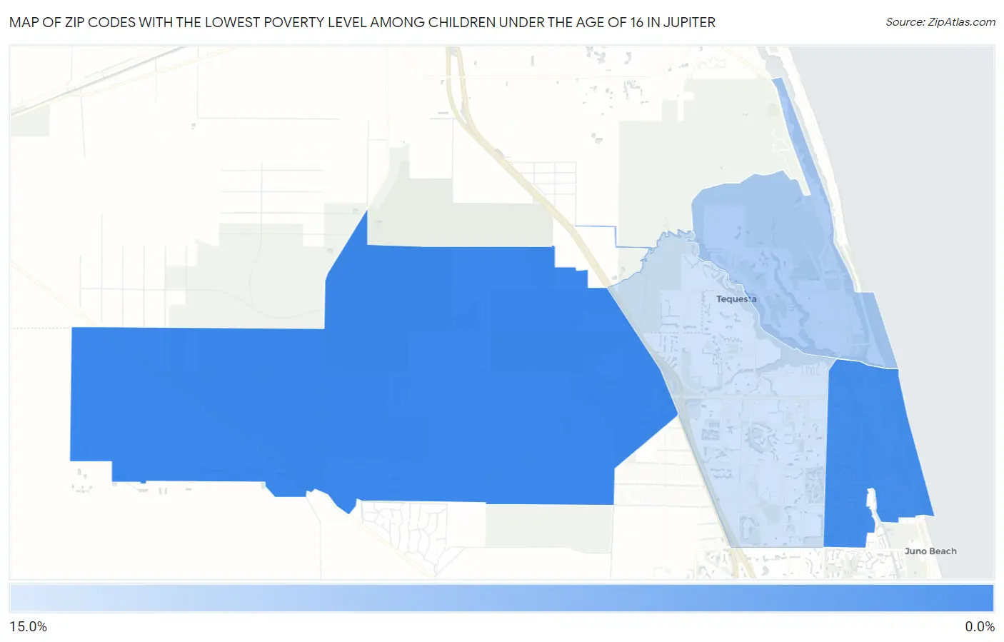 Zip Codes with the Lowest Poverty Level Among Children Under the Age of 16 in Jupiter Map