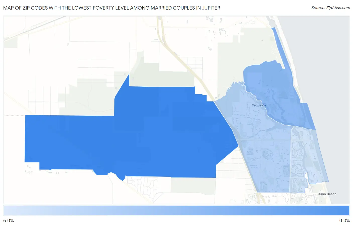 Zip Codes with the Lowest Poverty Level Among Married Couples in Jupiter Map