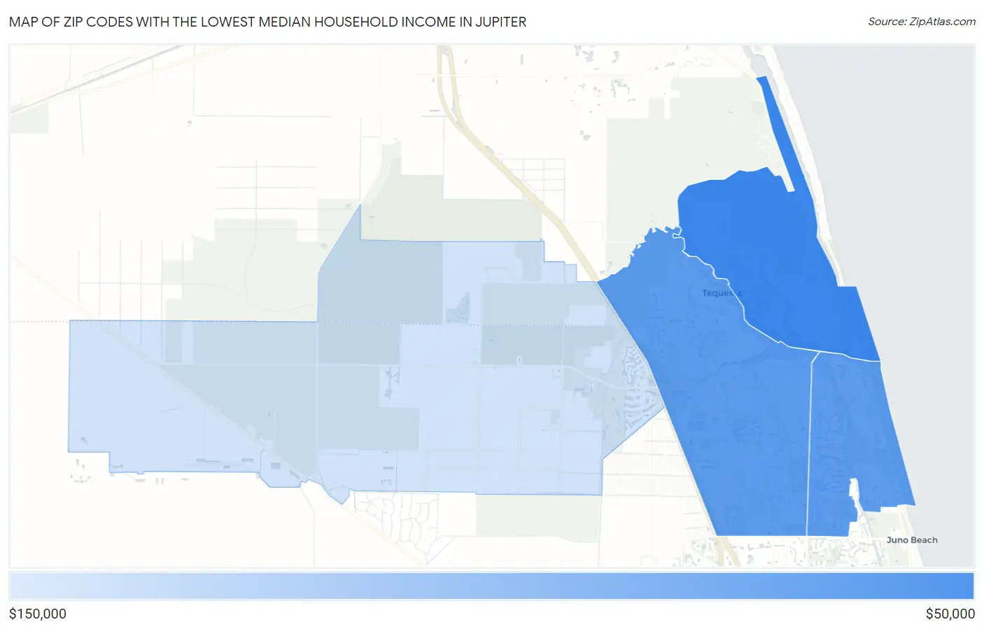 Zip Codes with the Lowest Median Household Income in Jupiter Map