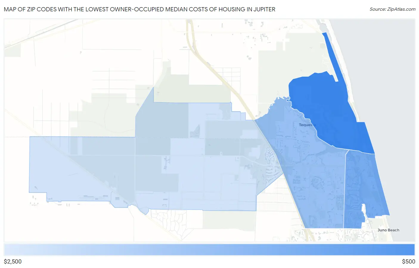 Zip Codes with the Lowest Owner-Occupied Median Costs of Housing in Jupiter Map
