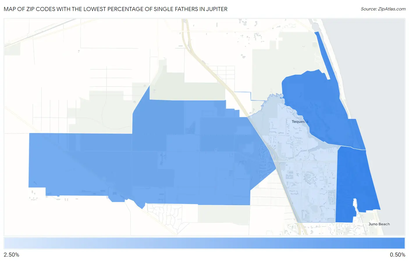 Zip Codes with the Lowest Percentage of Single Fathers in Jupiter Map