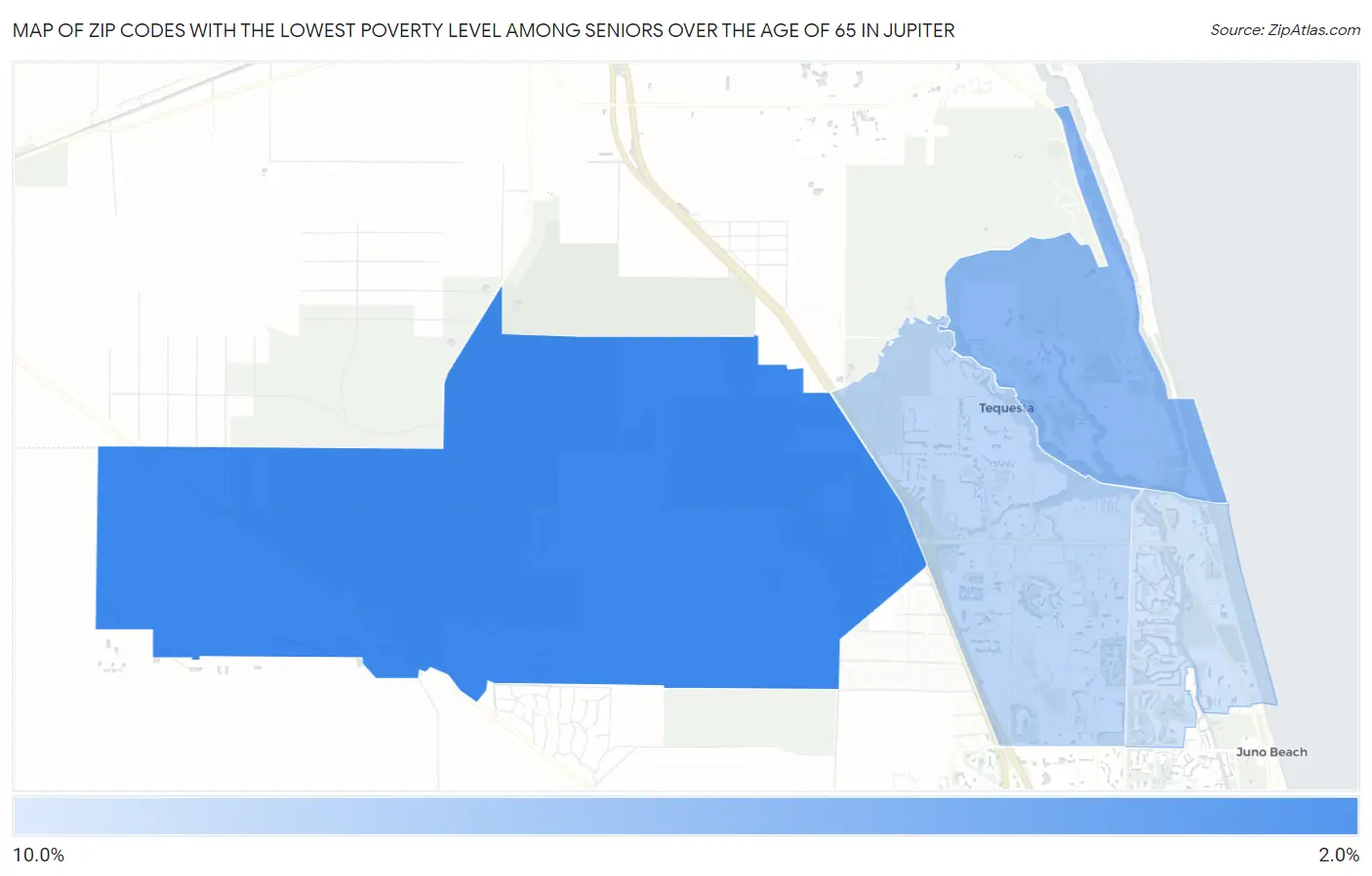 Zip Codes with the Lowest Poverty Level Among Seniors Over the Age of 65 in Jupiter Map
