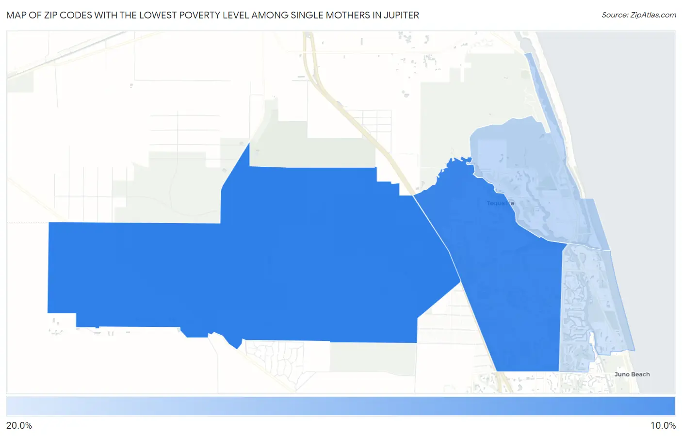 Zip Codes with the Lowest Poverty Level Among Single Mothers in Jupiter Map