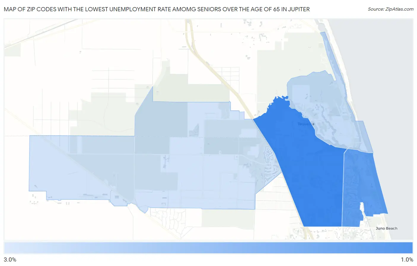 Zip Codes with the Lowest Unemployment Rate Amomg Seniors Over the Age of 65 in Jupiter Map