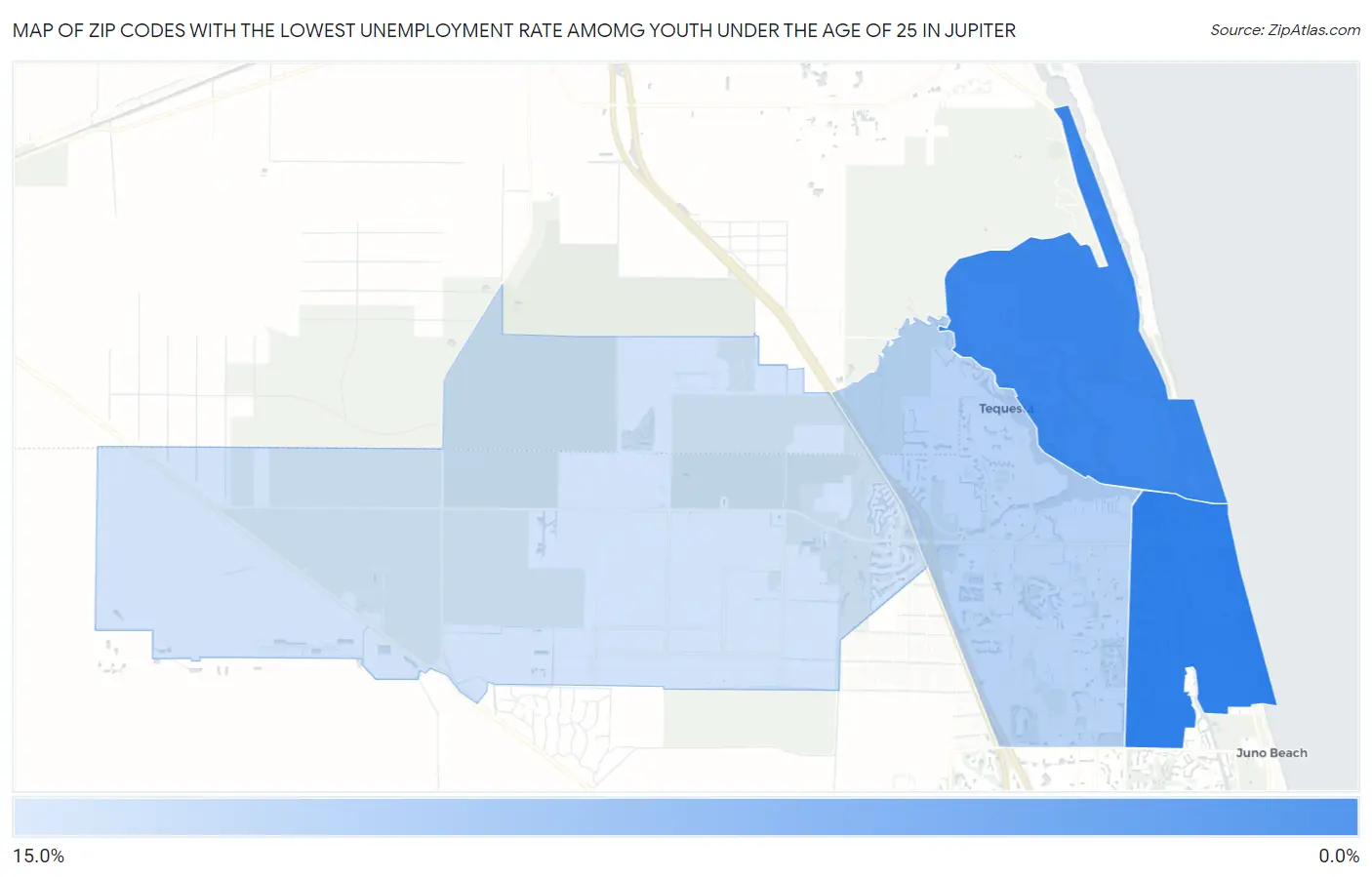 Zip Codes with the Lowest Unemployment Rate Amomg Youth Under the Age of 25 in Jupiter Map
