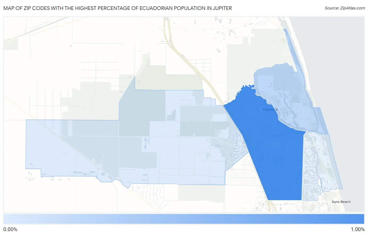 Zip Codes with the Highest Percentage of Ecuadorian Population in Jupiter Map